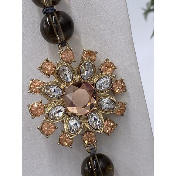 Hand Knotted Long Smoky Quartz Glass Beaded Rhinestone Flower Accent Necklace - Picture 5 of 11
